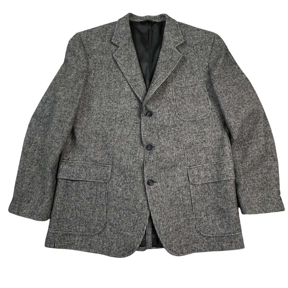 Huntington Mens 44L Blazer Sport Coat Grey Black Micro Check Made in USA 44 Long